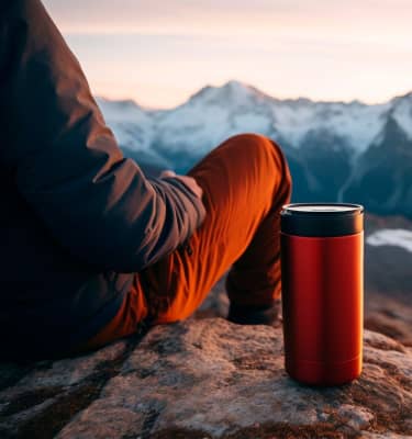 man sitting on top of a mountain with a red thermo cup