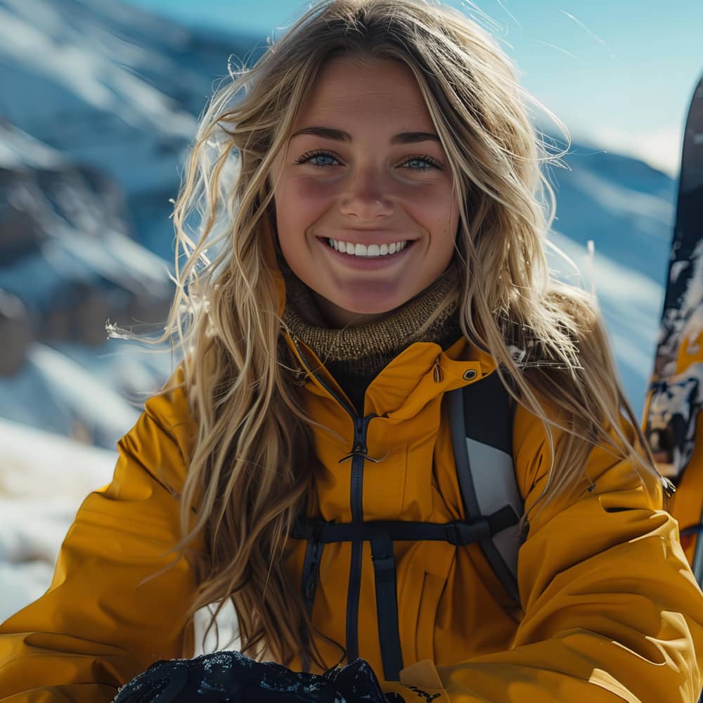 female wearing a yellow jacket on a snowy mountain