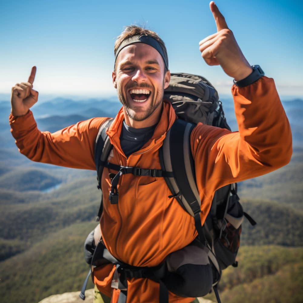 male wearing an orange jacket on top of a mountain