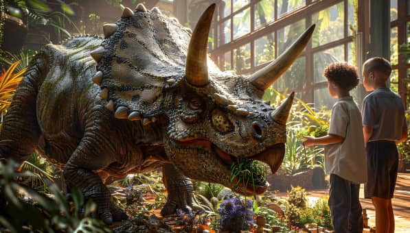 two boys standing in front of a big dinosaurs feeding it tropical fruit