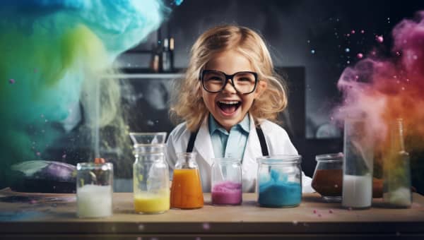 a girl sitting behind a desk full of science vials with content of different colors