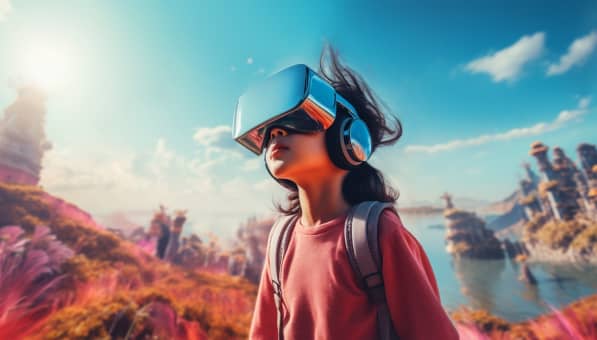 a boy standing by the shore on orange and pink grass, wearing vr glasses