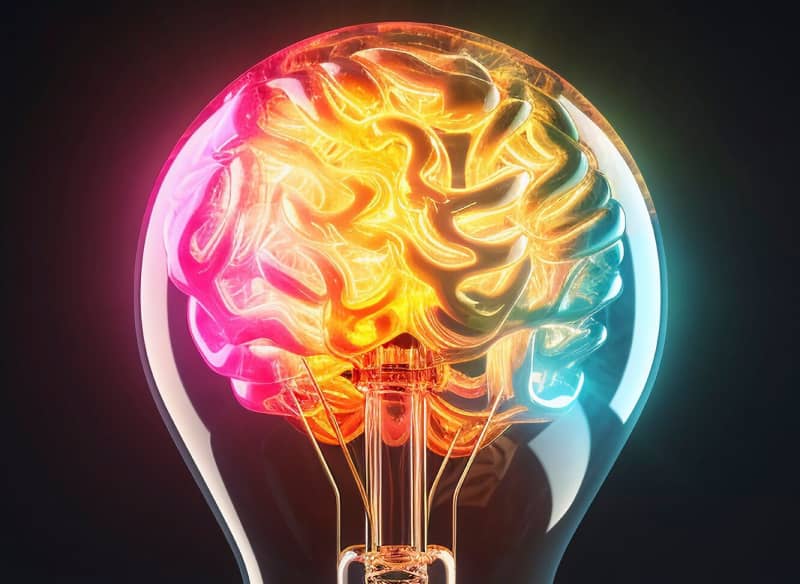 a lightbulb with a multicolored brain inside