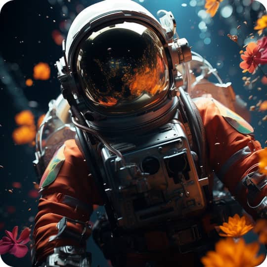 an astronaut seemingly flying in space with orange and red flowers floating around