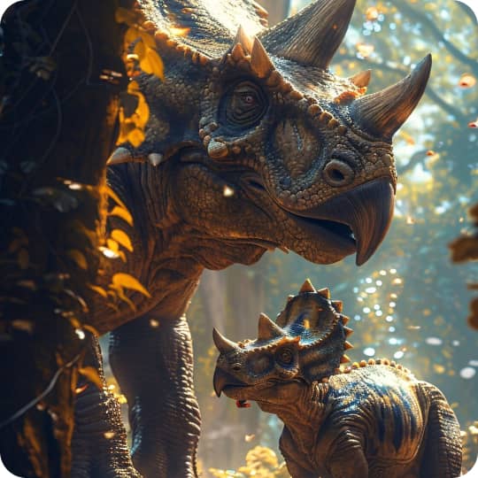 two dinosaurs, a parent and a child, looking out from behind a tree in the sunlight