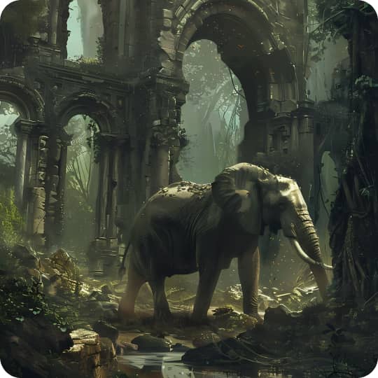 an elephant walking in the jungle in front of some old ruins