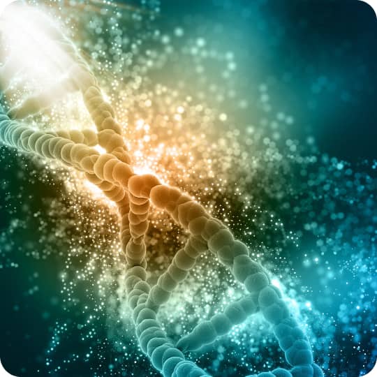 a dna string surrounded by green, orange and blue glittering colors