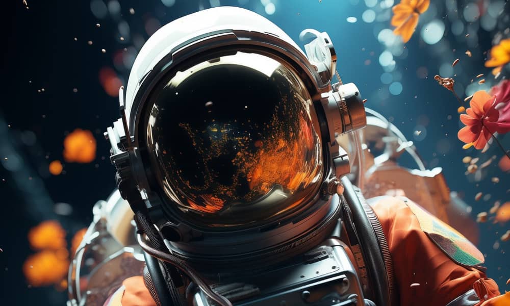 an astronaut seemingly flying in space with orange and red flowers floating around