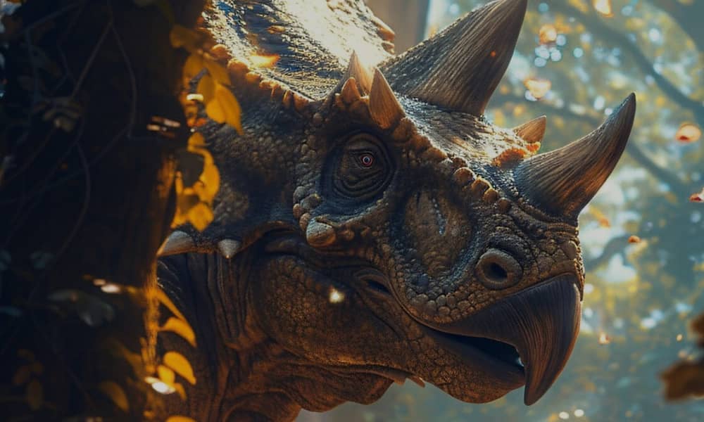 a dinosaur looking out from behind a tree with sun on it's face