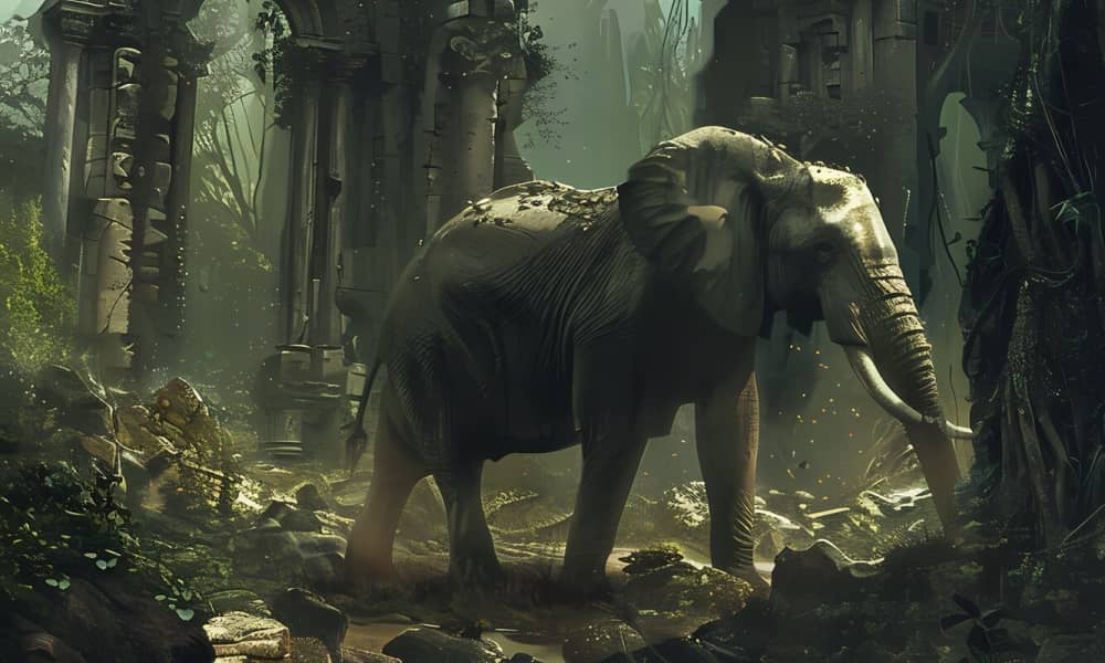 an elephant walking in the jungle in front of some old ruins