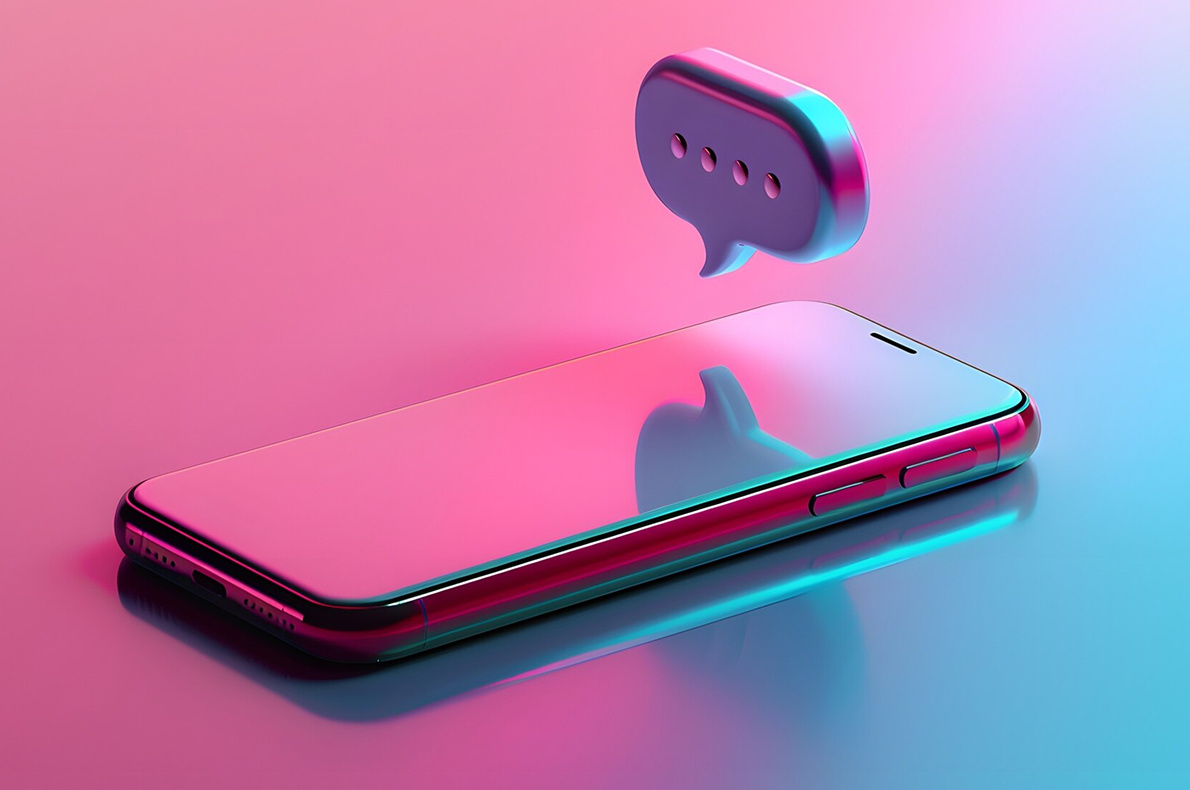 a message bubble over a cellphone with a purple and blue background.