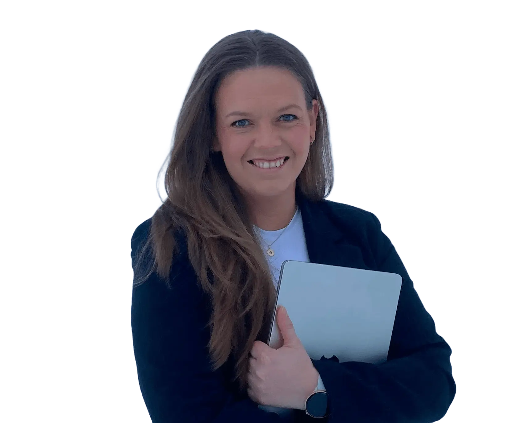 Martine smiling at the camera while holding a laptop