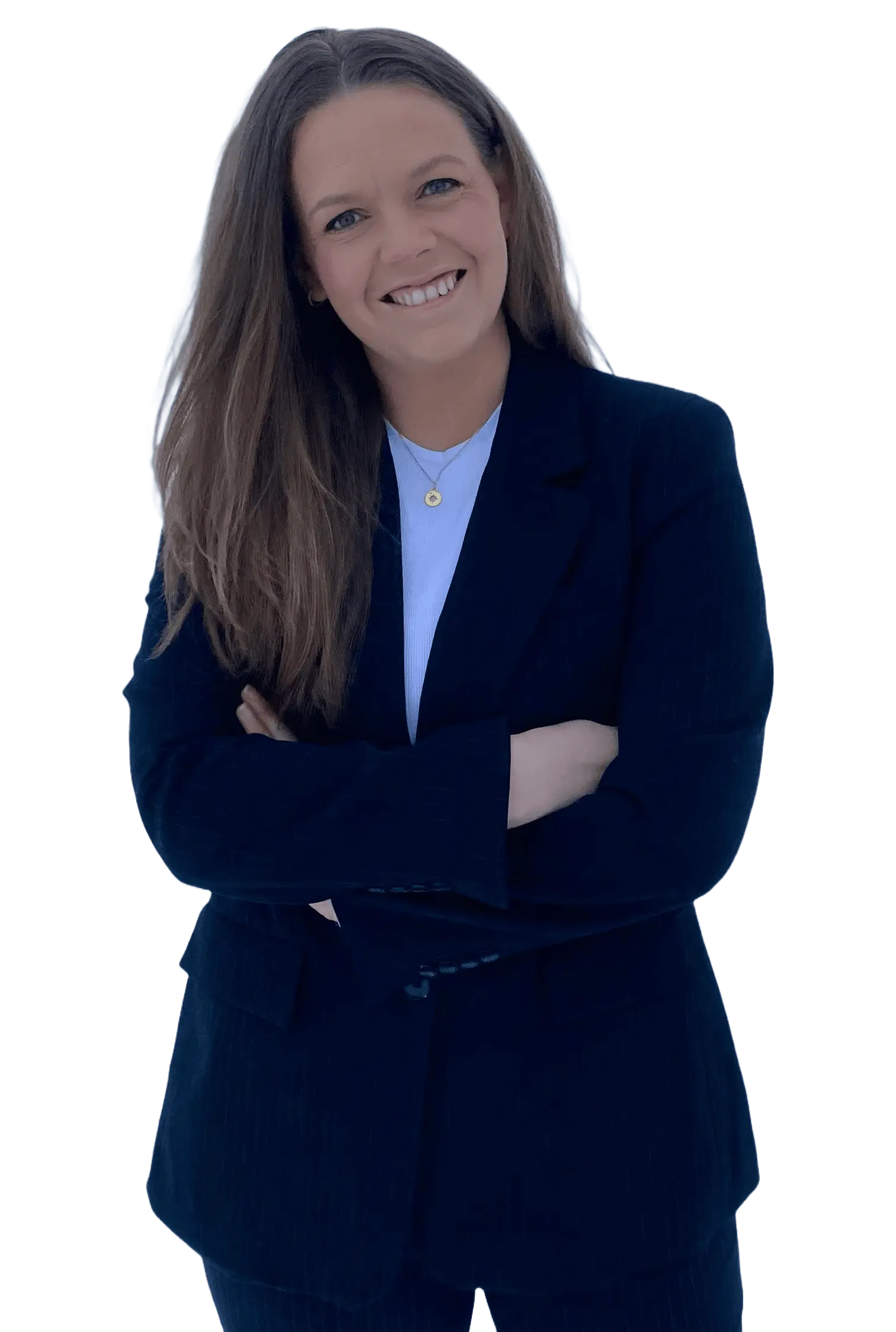 Martine wearing a blue suit with her arms crossed and smiling to the camera
